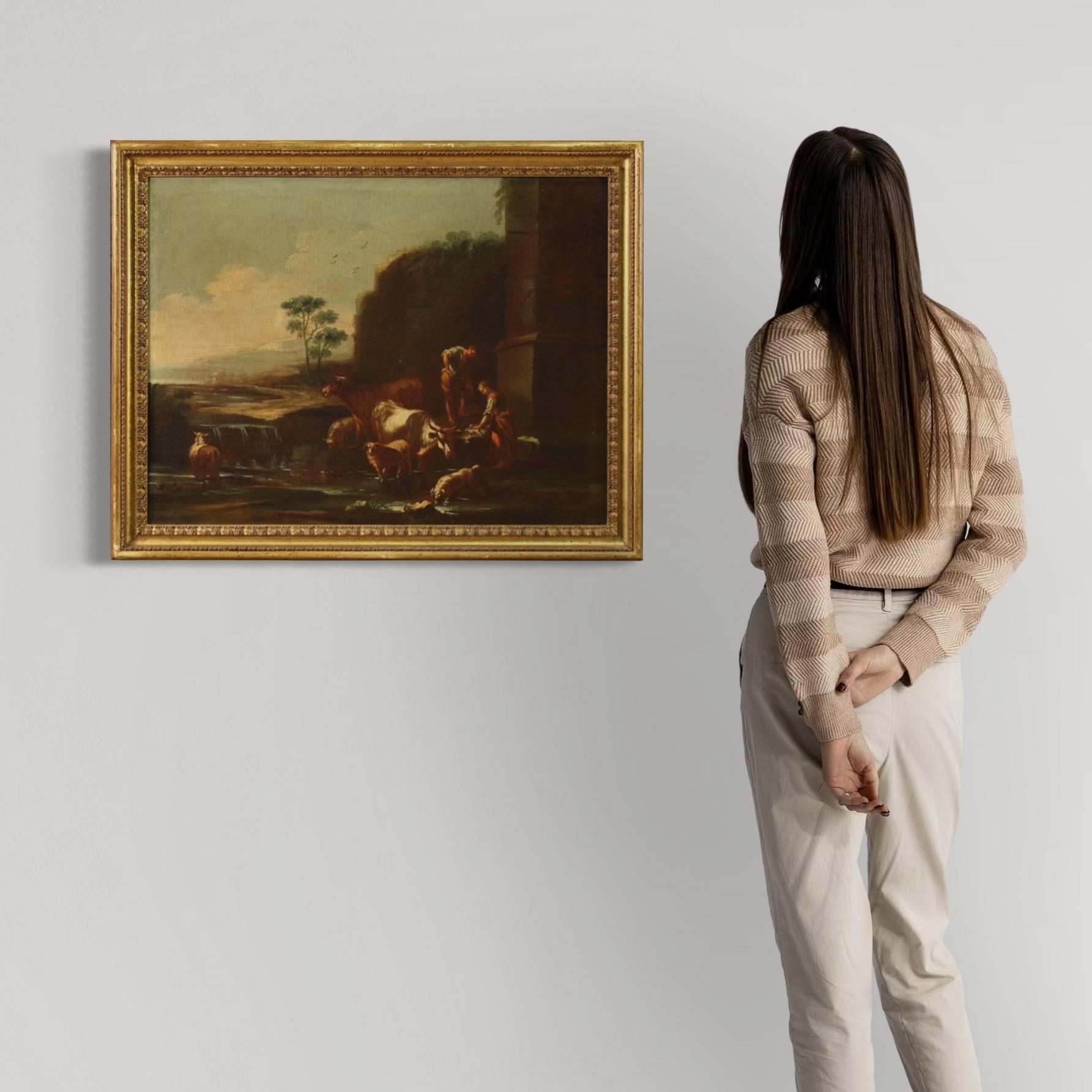 A olio 17th Century Oil on Canvas Italian Antique Landscape Painting Pastoral Scene in vendita