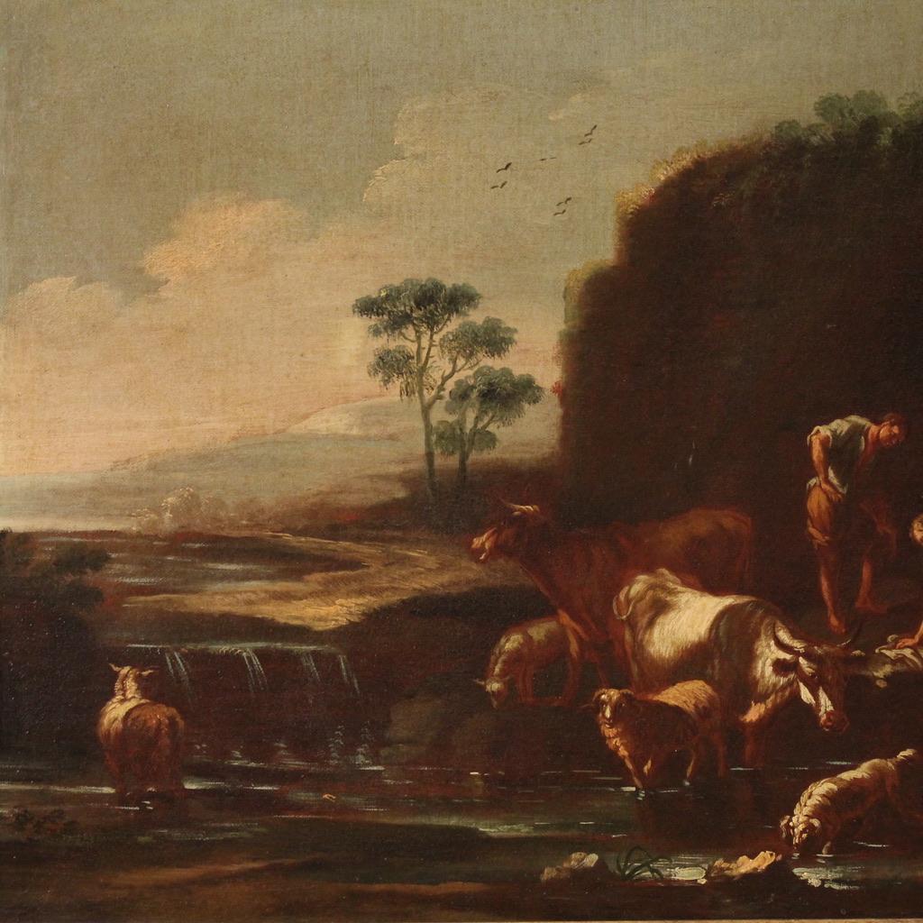 17th Century Oil on Canvas Italian Antique Landscape Painting Pastoral Scene In condizioni buone in vendita a Vicoforte, Piedmont