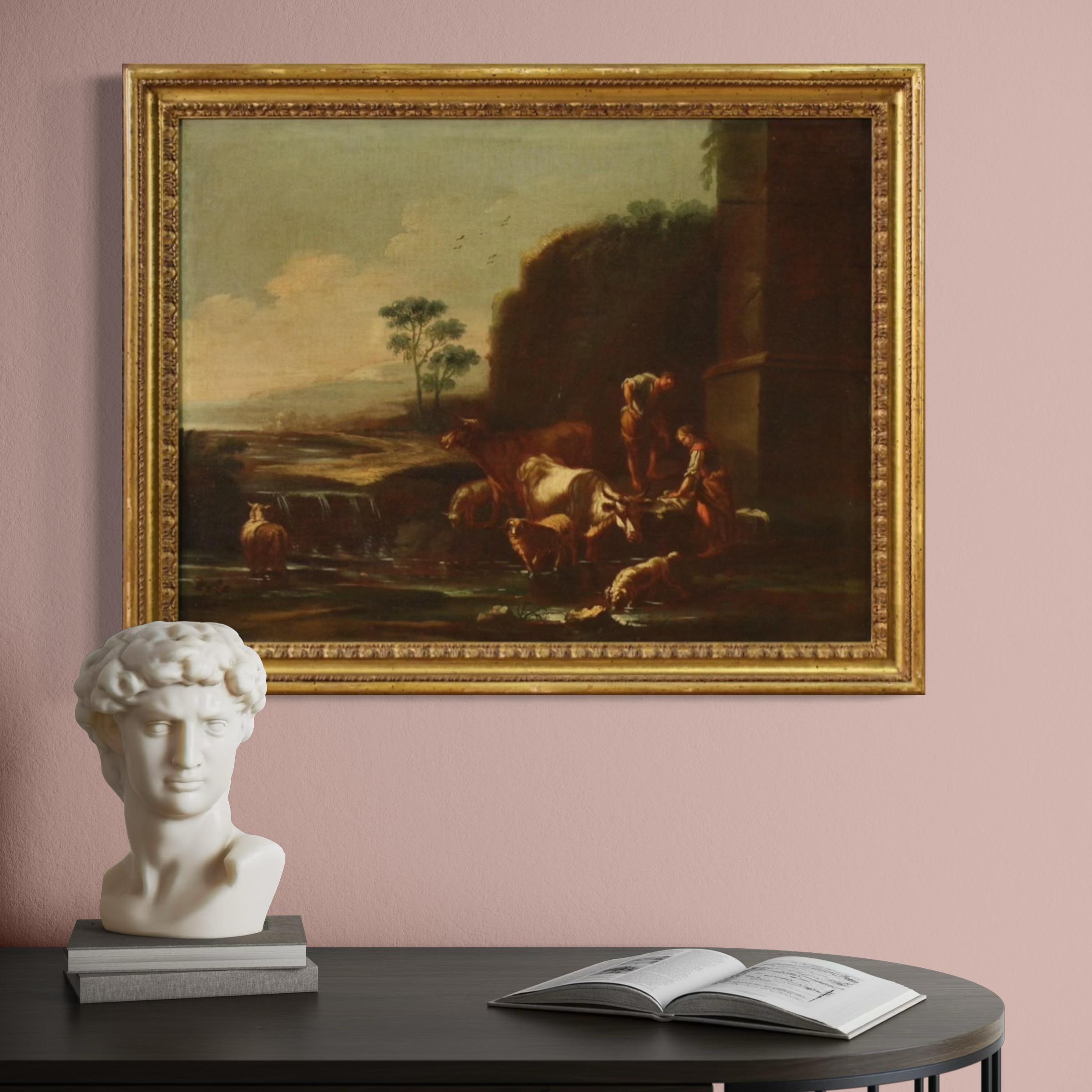 Late 17th Century 17th Century Oil on Canvas Italian Antique Landscape Painting Pastoral Scene in vendita