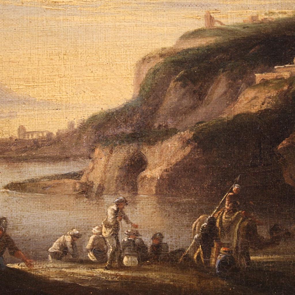17th Century Oil on Canvas Italian Antique Landscape with Soldiers Painting 1680 en vente 4