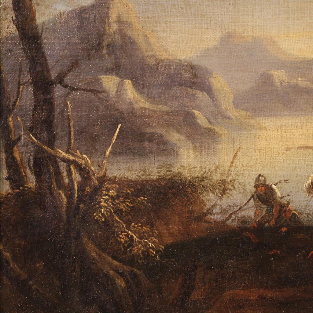 17th Century Oil on Canvas Italian Antique Landscape with Soldiers Painting 1680 en vente 6