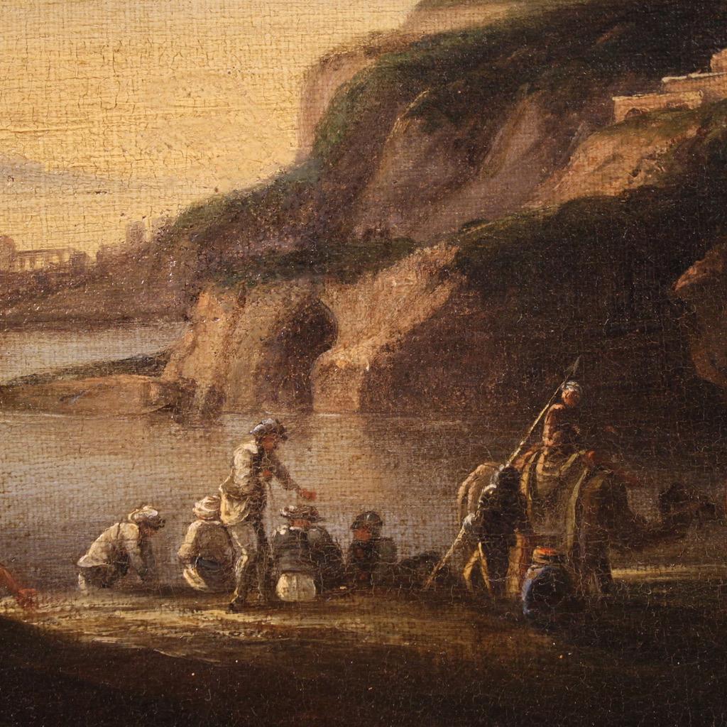 17th Century Oil on Canvas Italian Antique Landscape with Soldiers Painting 1680 en vente 9