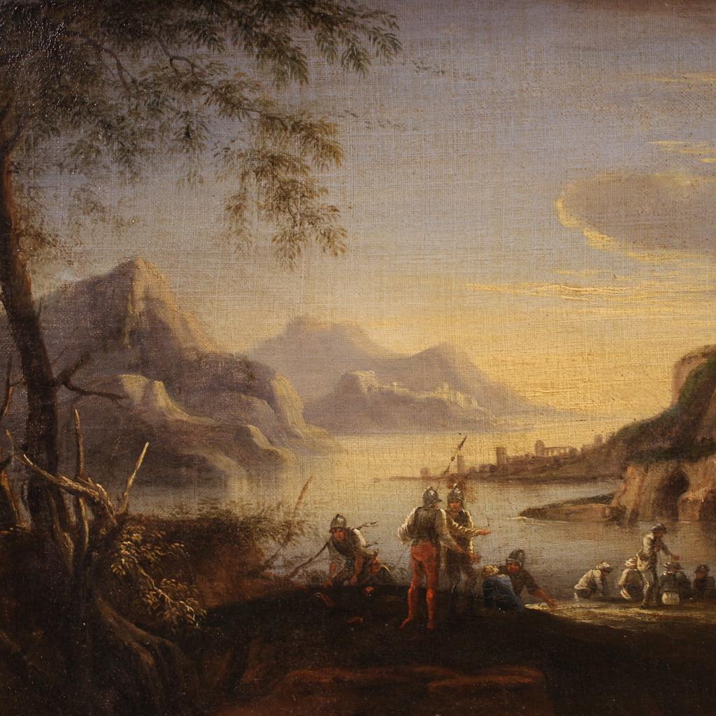 Huilé 17th Century Oil on Canvas Italian Antique Landscape with Soldiers Painting 1680 en vente