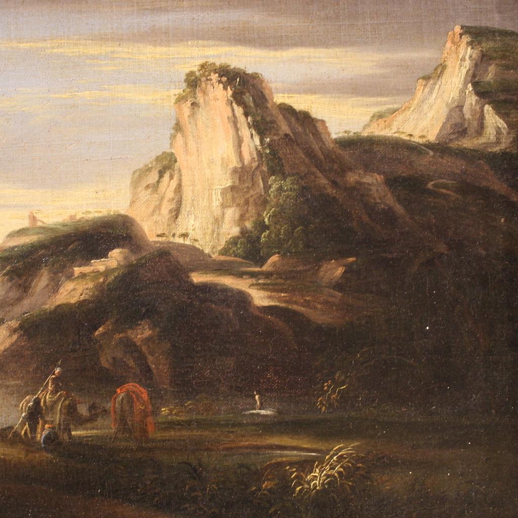 17th Century Oil on Canvas Italian Antique Landscape with Soldiers Painting 1680 Bon état - En vente à Vicoforte, Piedmont