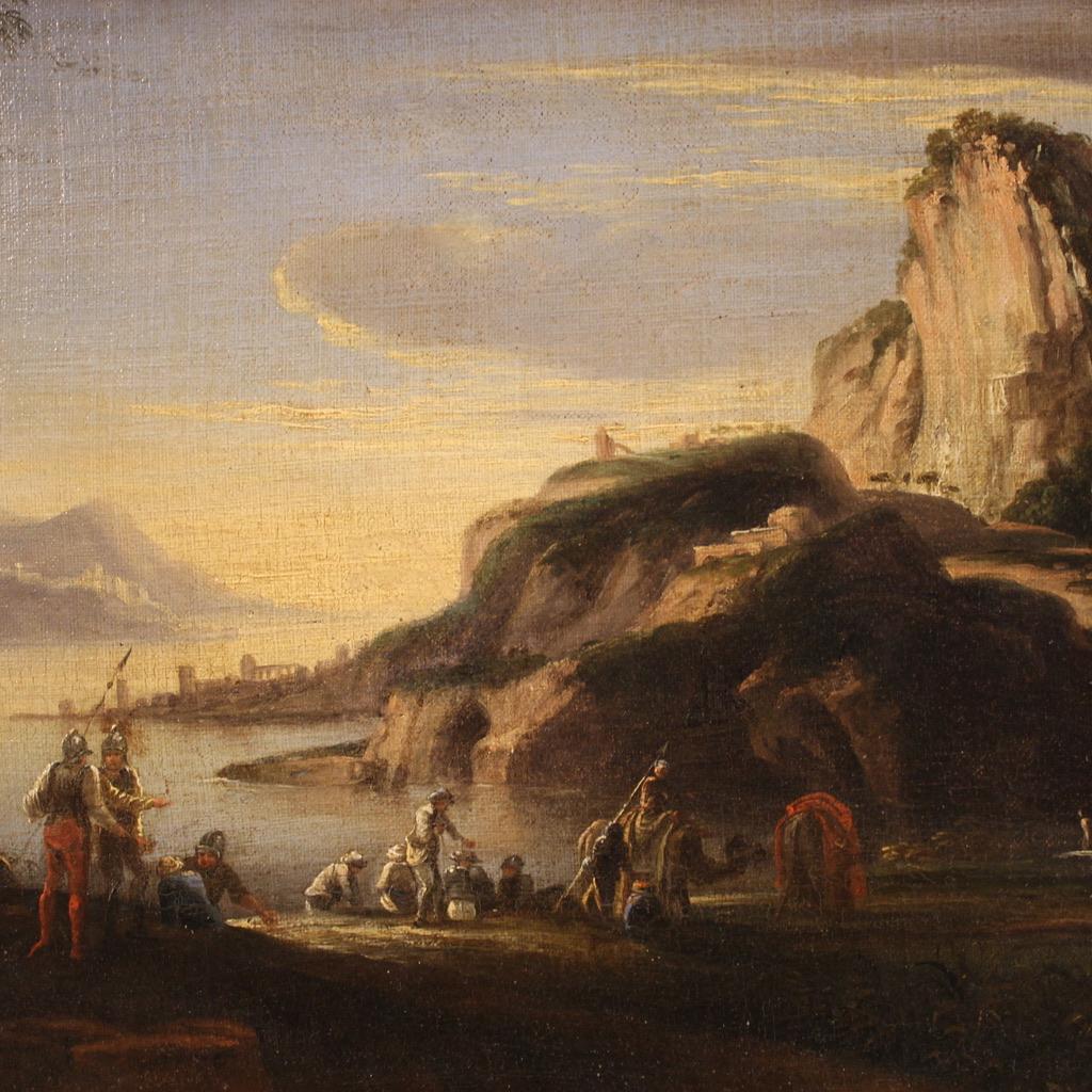 Late 17th Century 17th Century Oil on Canvas Italian Antique Landscape with Soldiers Painting 1680 en vente