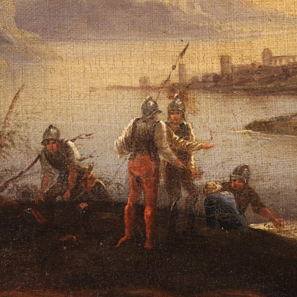 Toile 17th Century Oil on Canvas Italian Antique Landscape with Soldiers Painting 1680 en vente