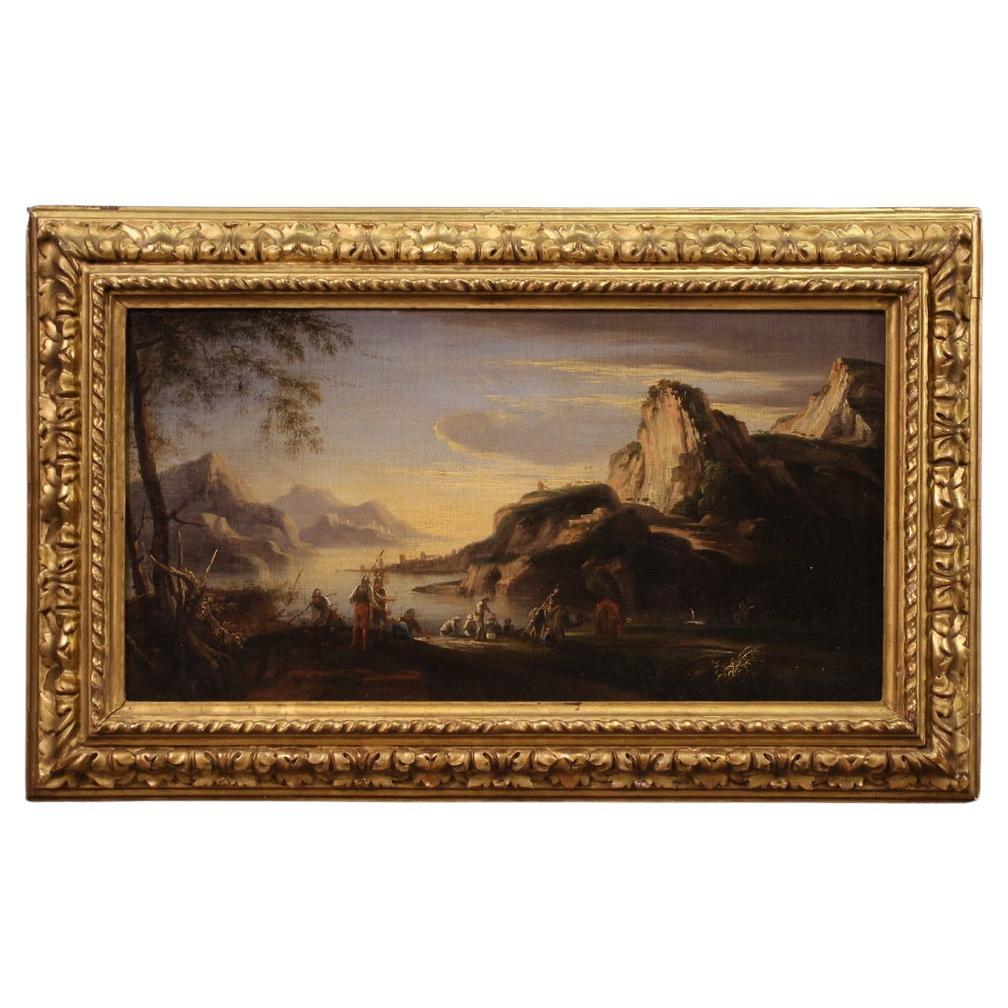 17th Century Oil on Canvas Italian Antique Landscape with Soldiers Painting 1680