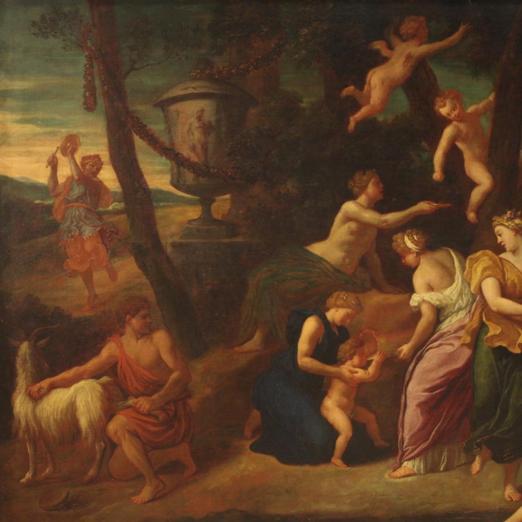 17th Century Oil on Canvas Italian Antique Mythological Painting Bacchanal, 1670 In Good Condition In Vicoforte, Piedmont