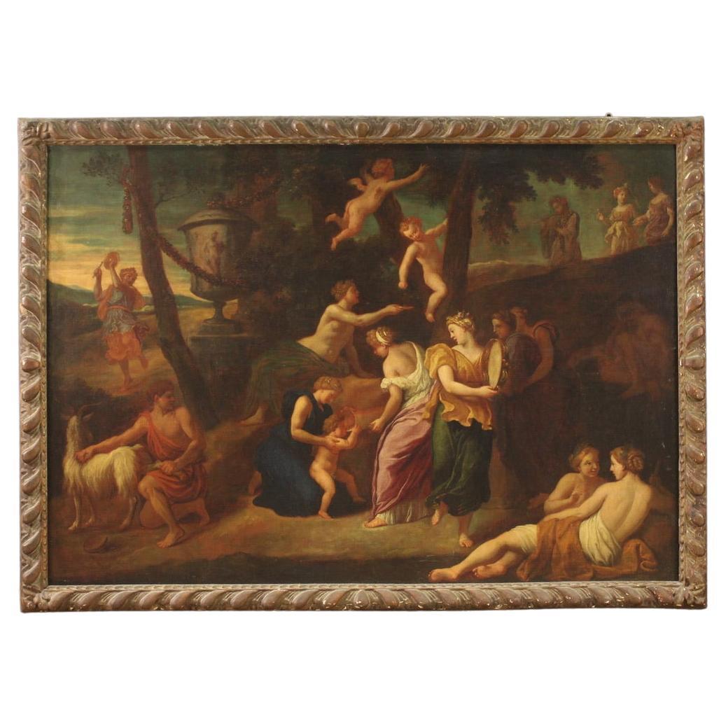 17th Century Oil on Canvas Italian Antique Mythological Painting Bacchanal, 1670