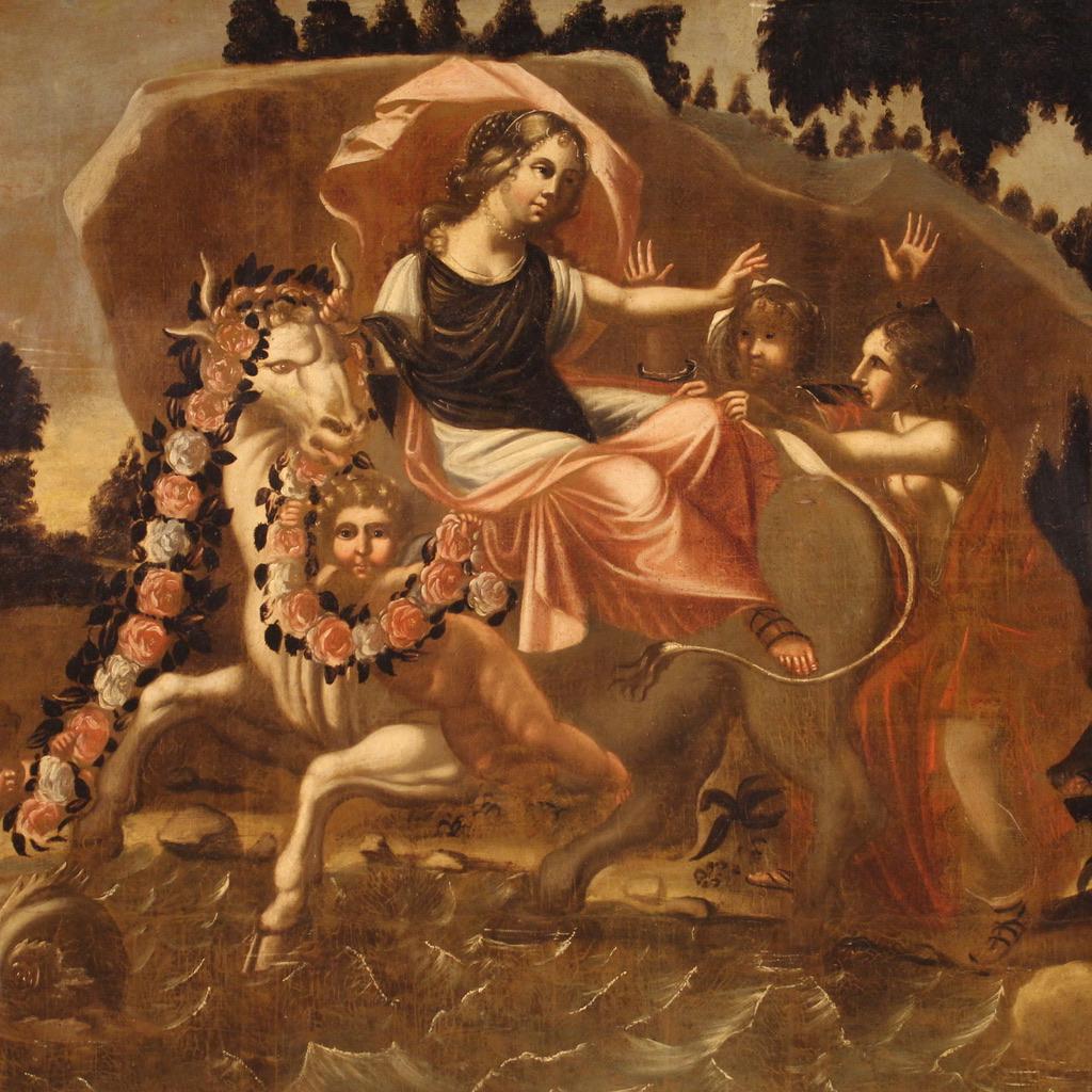 Oiled 17th Century Oil on Canvas Italian Antique Mythological Painting Rape of Europe For Sale