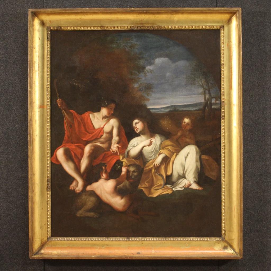 Antique Italian painting from the 17th century. Framework oil on canvas (glued on a tablet) depicting a mythological subject Allegory of Summer with excellent pictorial quality. Painting of great measure and impact, richly adorned with numerous