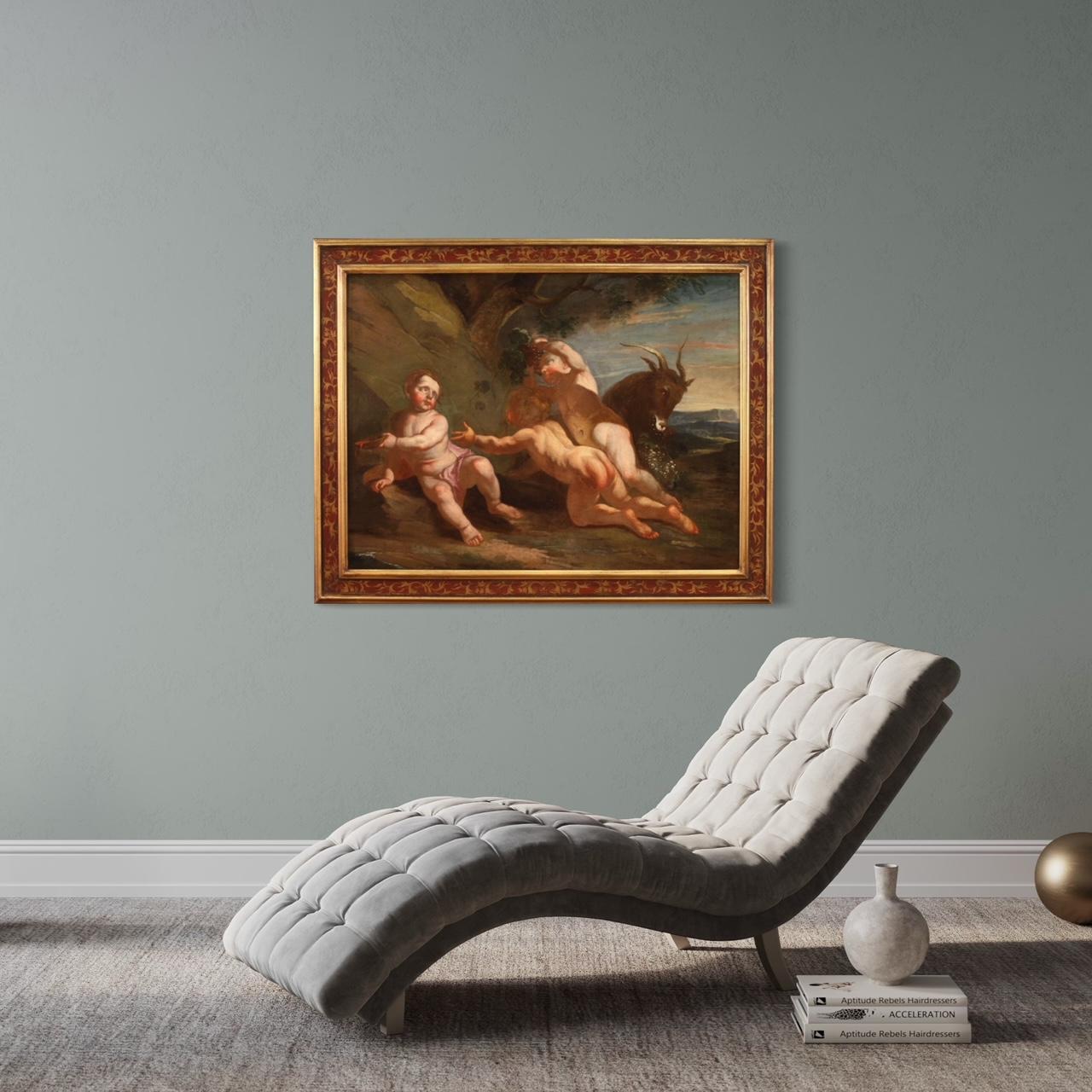 17th Century Oil on Canvas Italian Antique Painting Bacchanal of Cherubs, 1660 For Sale 12