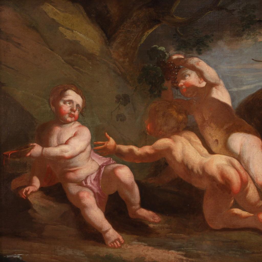 Italian Olio su tela del XVII secolo Pittura antica italiana Baccanale di cherubini, 1660 in vendita