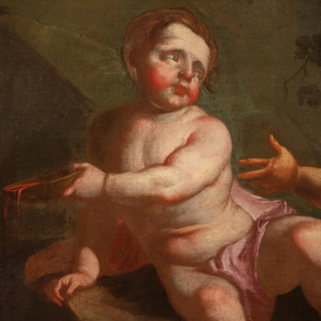 Tela Olio su tela del XVII secolo Pittura antica italiana Baccanale di cherubini, 1660 in vendita