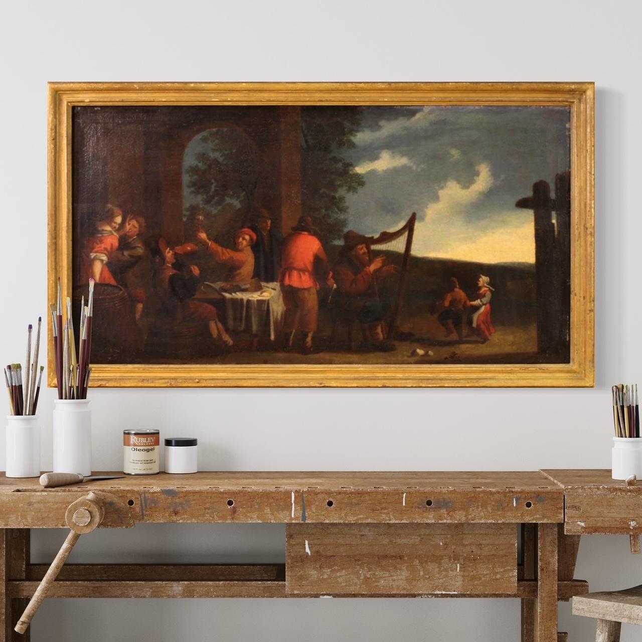 17th Century Oil on Canvas Italian Antique Painting Genre Scene Bamboccioni For Sale 9
