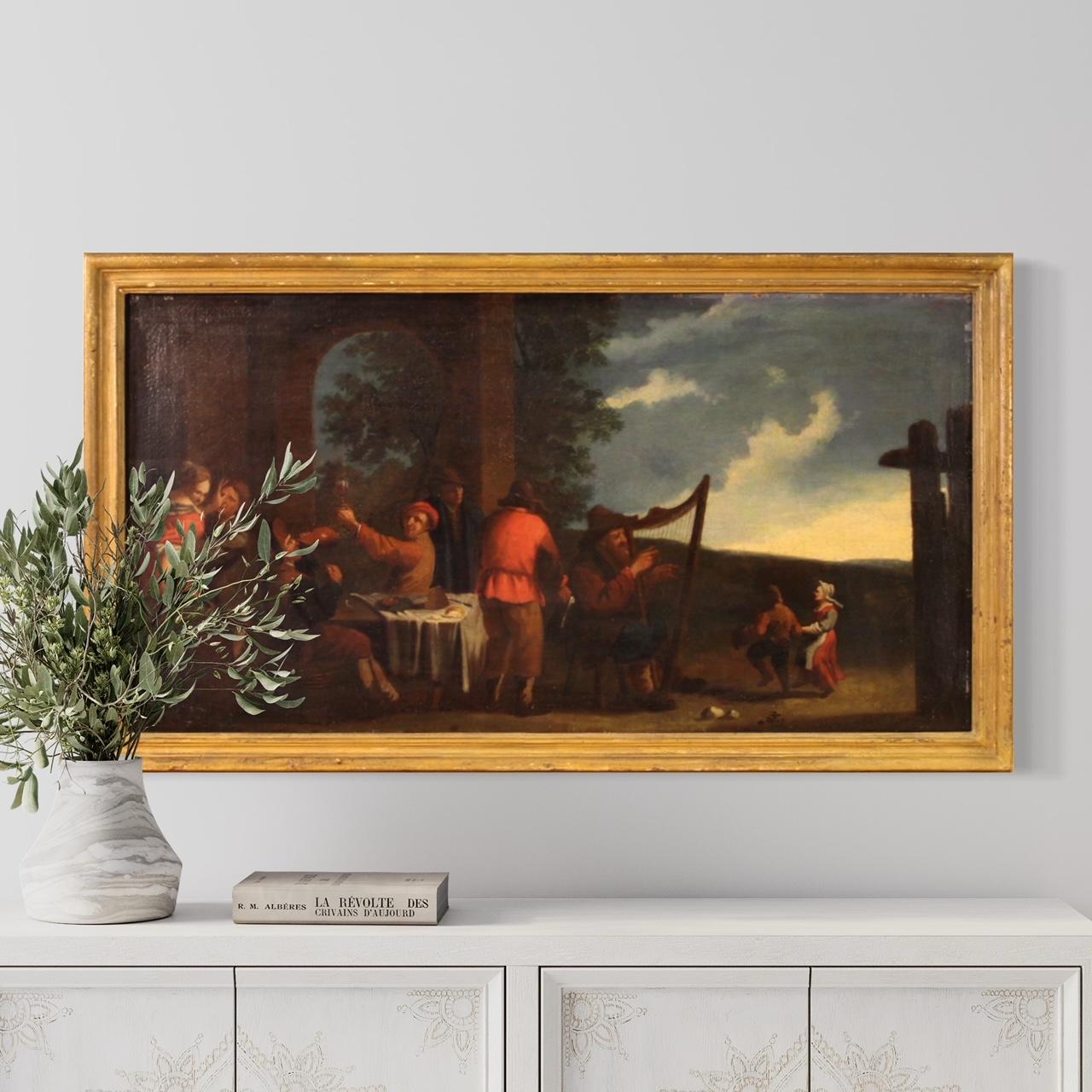 17th Century Oil on Canvas Italian Antique Painting Genre Scene Bamboccioni For Sale 10