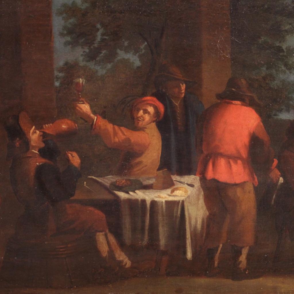Antique Italian painting from the 17th century. Oil painting on canvas depicting a lively popular genre scene of great charm, typical of the Bamboccianti school. Many Flemish and Italian painters active in Rome took Pieter van Laer as a reference,