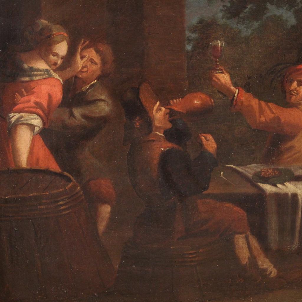 Oiled 17th Century Oil on Canvas Italian Antique Painting Genre Scene Bamboccioni For Sale