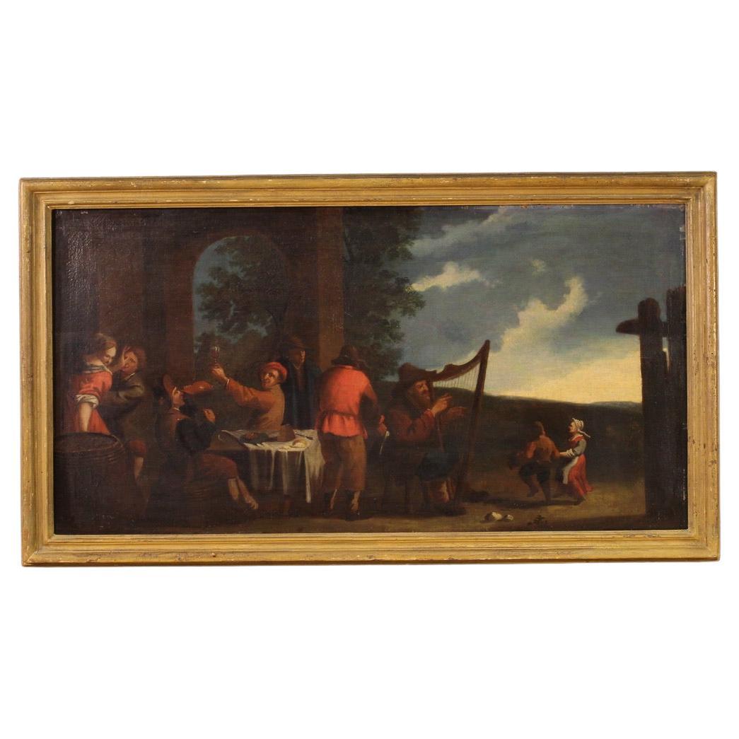 17th Century Oil on Canvas Italian Antique Painting Genre Scene Bamboccioni