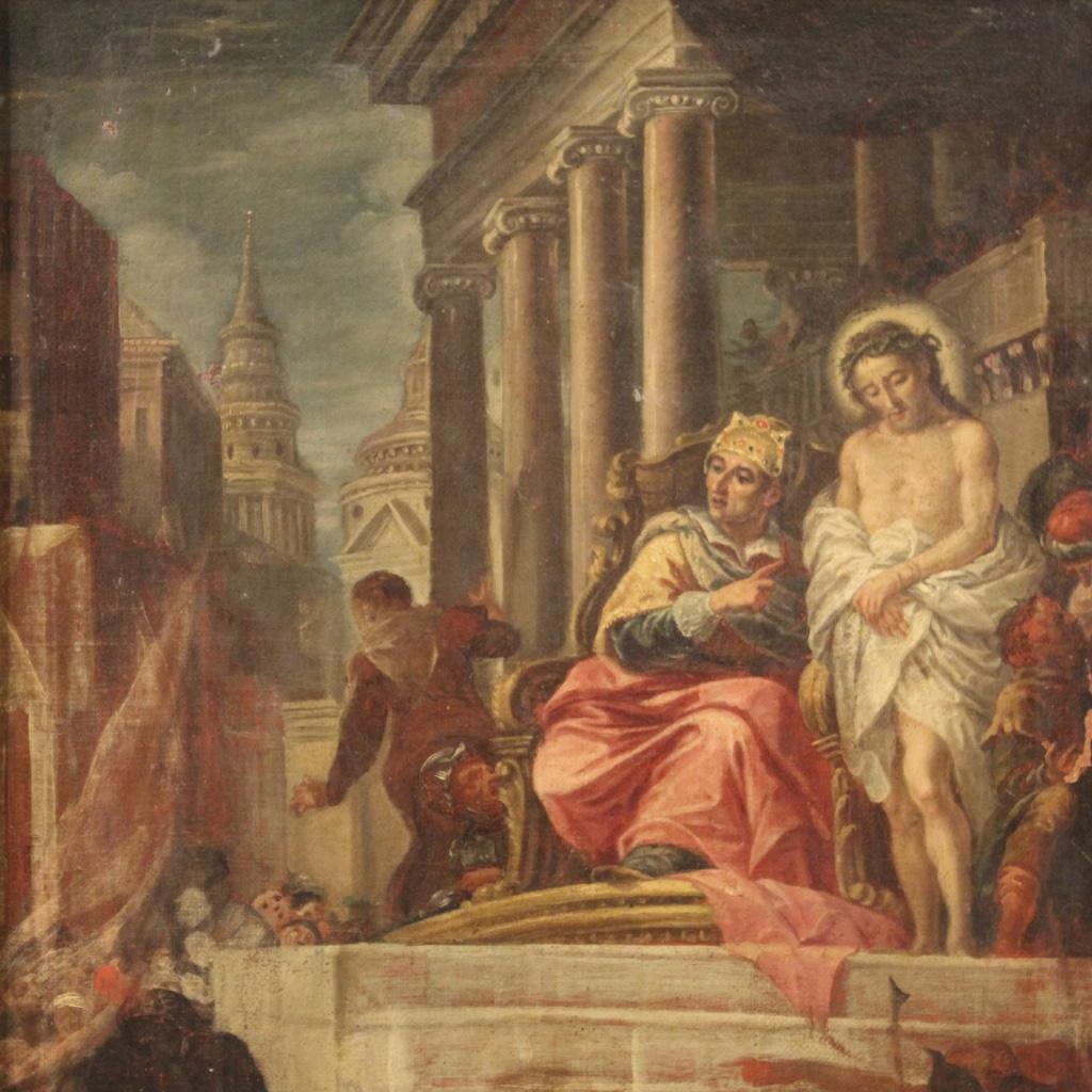 17th Century Oil on Canvas Italian Antique Painting Jesus and Herod, 1670 In Good Condition For Sale In Vicoforte, Piedmont