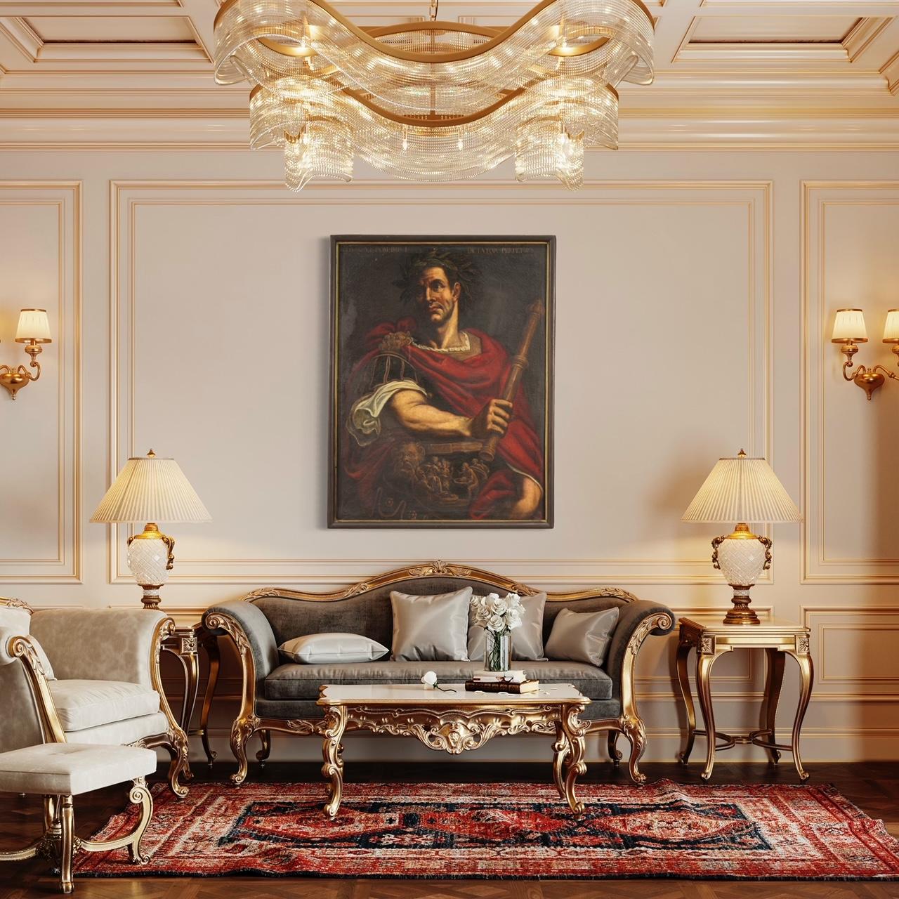 17th Century Oil on Canvas Italian Antique Painting Julius Caesar Portrait, 1630 (Geölt) im Angebot