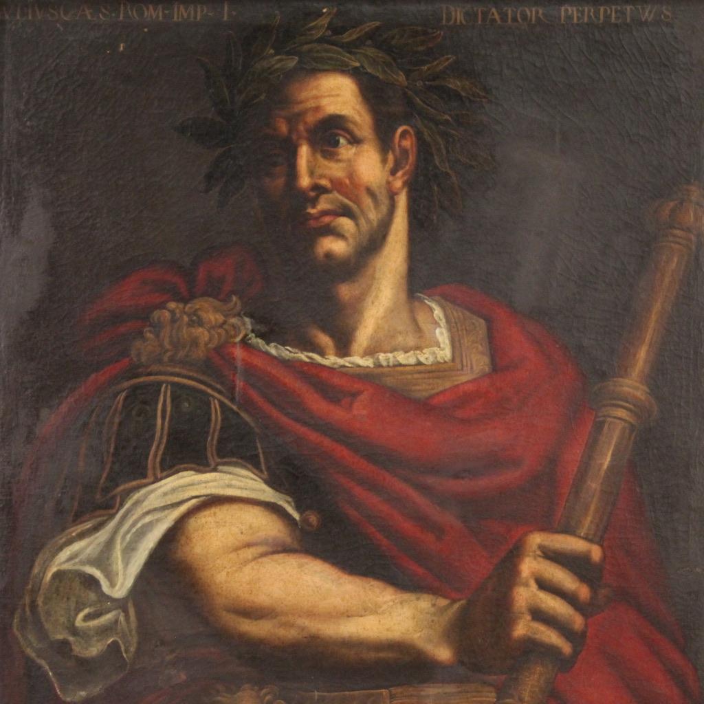 Gran pintura italiana de la primera mitad del siglo XVII. Óleo sobre lienzo, primer lienzo, que representa un espléndido retrato de Julio César. El cuadro en cuestión parece inspirarse en una exitosa serie de retratos de emperadores romanos