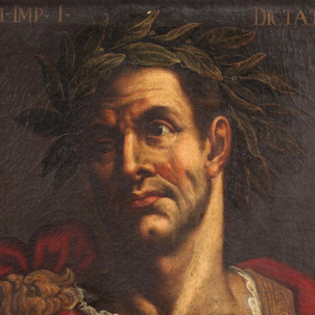 siglo XVII Óleo sobre Lienzo Pintura Antigua Italiana Retrato Julio César, 1680 Late 17th Century
