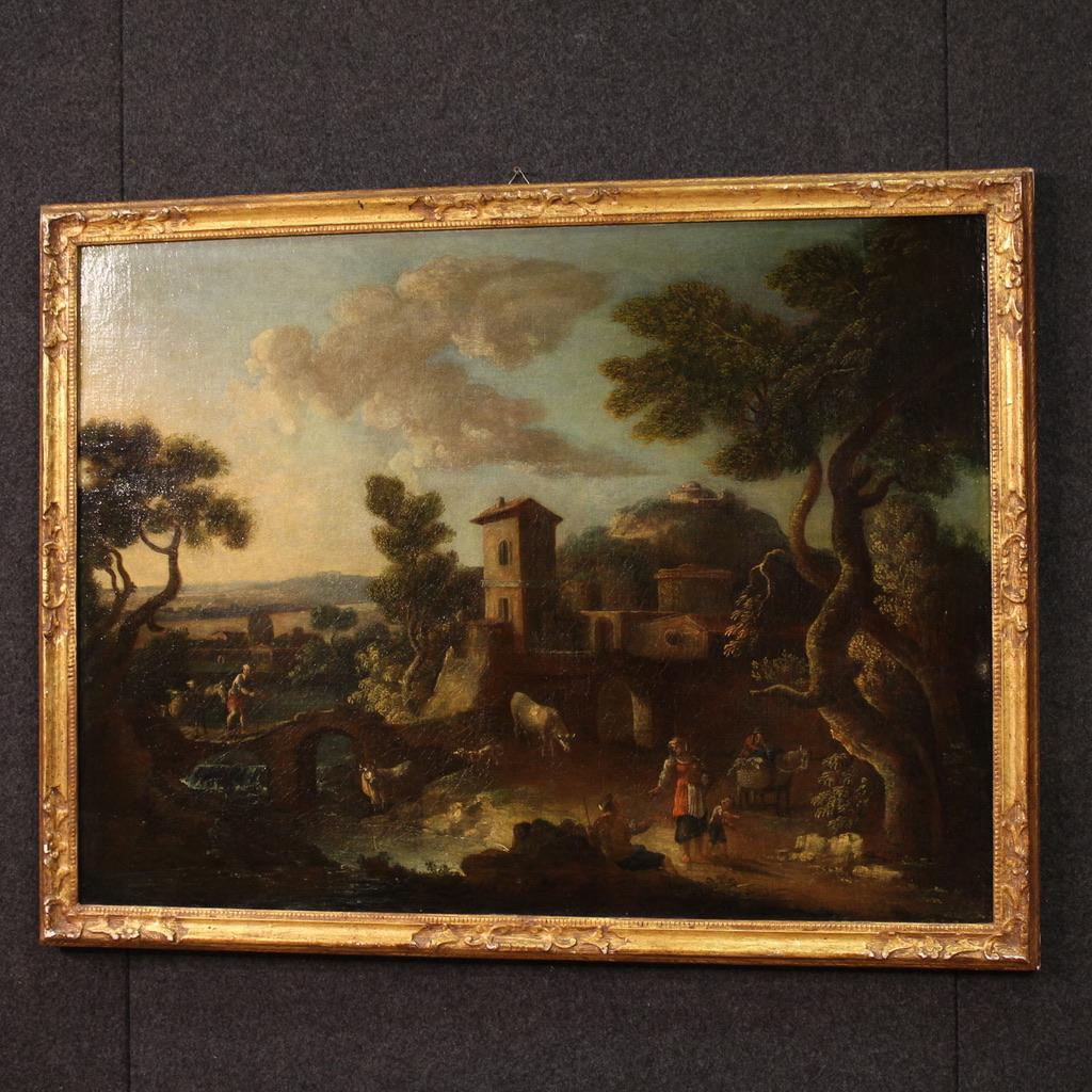17th Century Oil on Canvas Italian Antique Painting Landscape with Figures, 1680 im Angebot 7