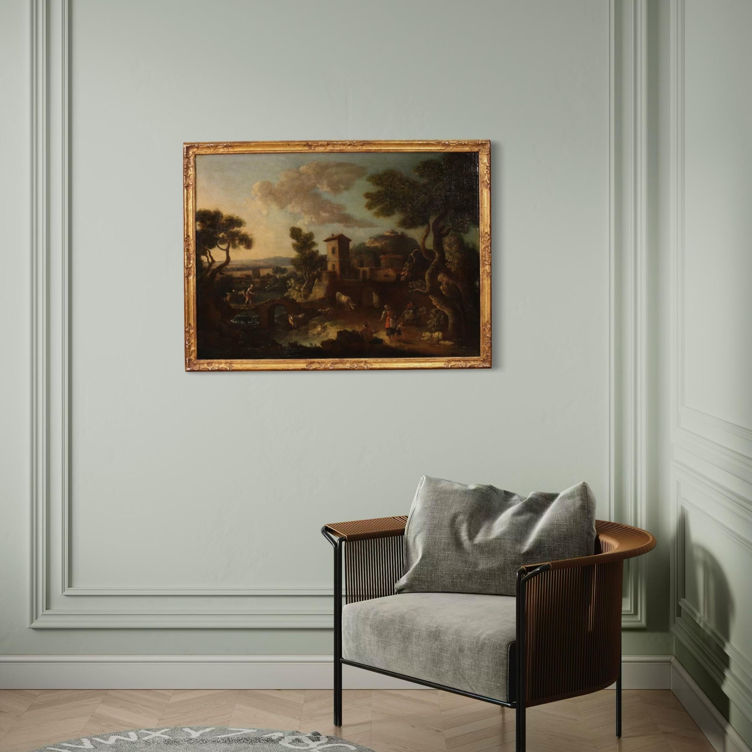 17th Century Oil on Canvas Italian Antique Painting Landscape with Figures, 1680 im Angebot 1