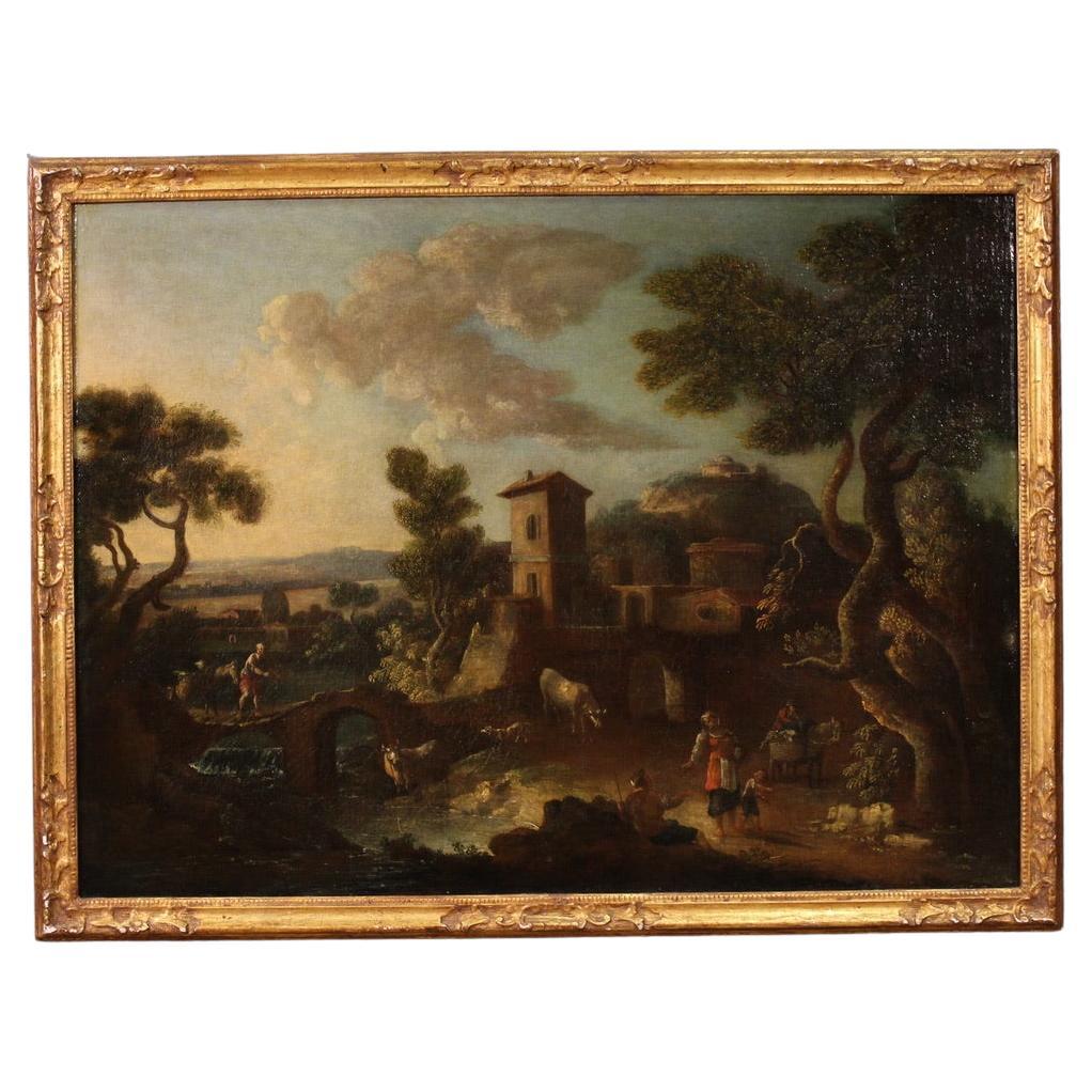 17th Century Oil on Canvas Italian Antique Painting Landscape with Figures, 1680