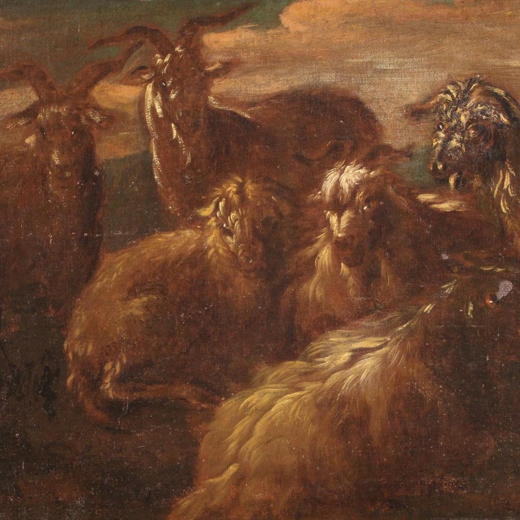 Oiled 17th Century Oil on Canvas Italian Antique Painting Landscape with Goats, 1680 For Sale
