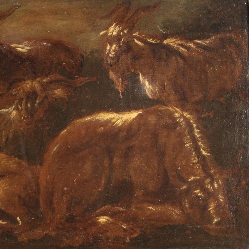 17th Century Oil on Canvas Italian Antique Painting Landscape with Goats, 1680 In Good Condition For Sale In Vicoforte, Piedmont