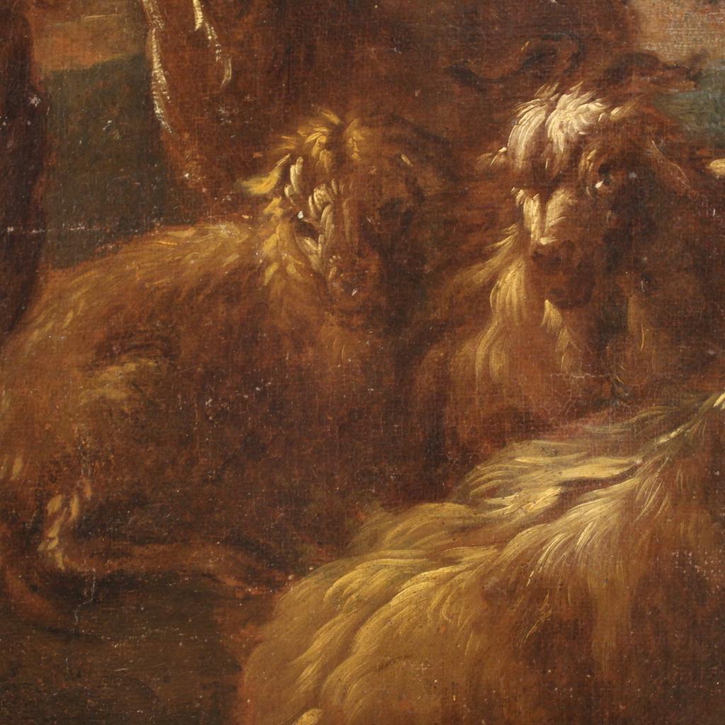 17th Century Oil on Canvas Italian Antique Painting Landscape with Goats, 1680 For Sale 5
