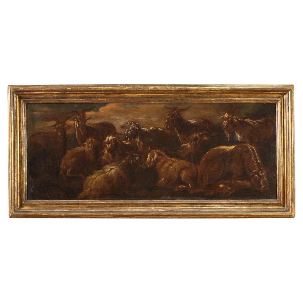 17th Century Oil on Canvas Italian Antique Painting Landscape with Goats, 1680 For Sale