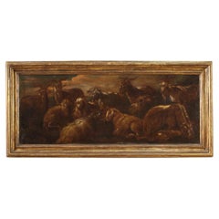 Huile sur toile italienne ancienne du 17ème siècle - Paysage avec chèvres, 1680