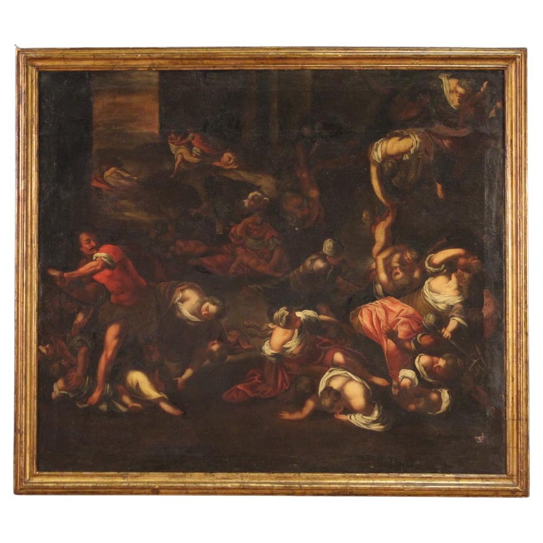 17th Century Oil on Canvas Italian Antique Painting Massacre of Innocents, 1640