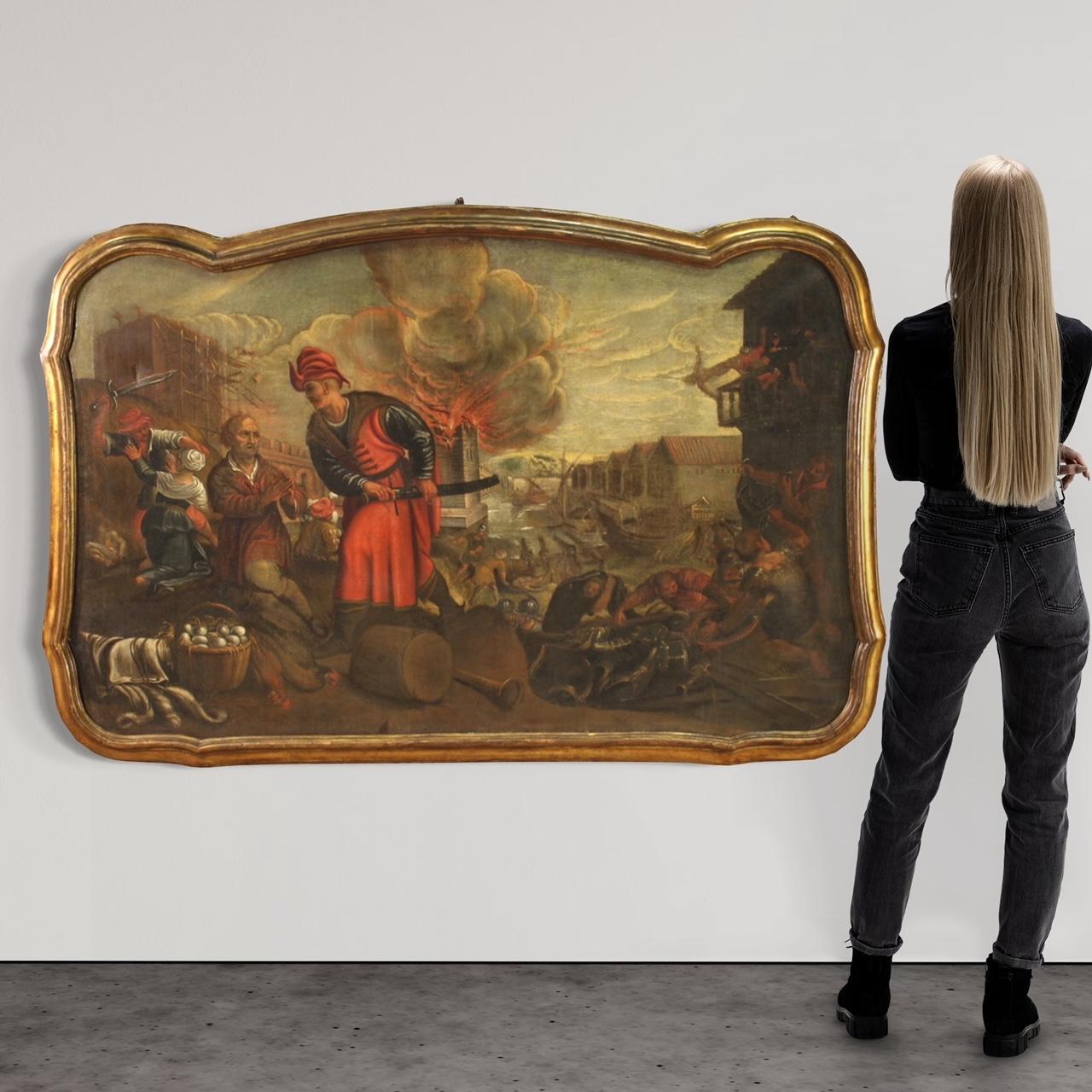 Großes italienisches Gemälde aus der zweiten Hälfte des 17. Jahrhunderts. Ölgemälde auf Leinwand, das die Plünderung einer Stadt am Meer durch die Sarazenen darstellt, von guter malerischer Qualität. Wir treffen auf zahllose Charaktere, die aus