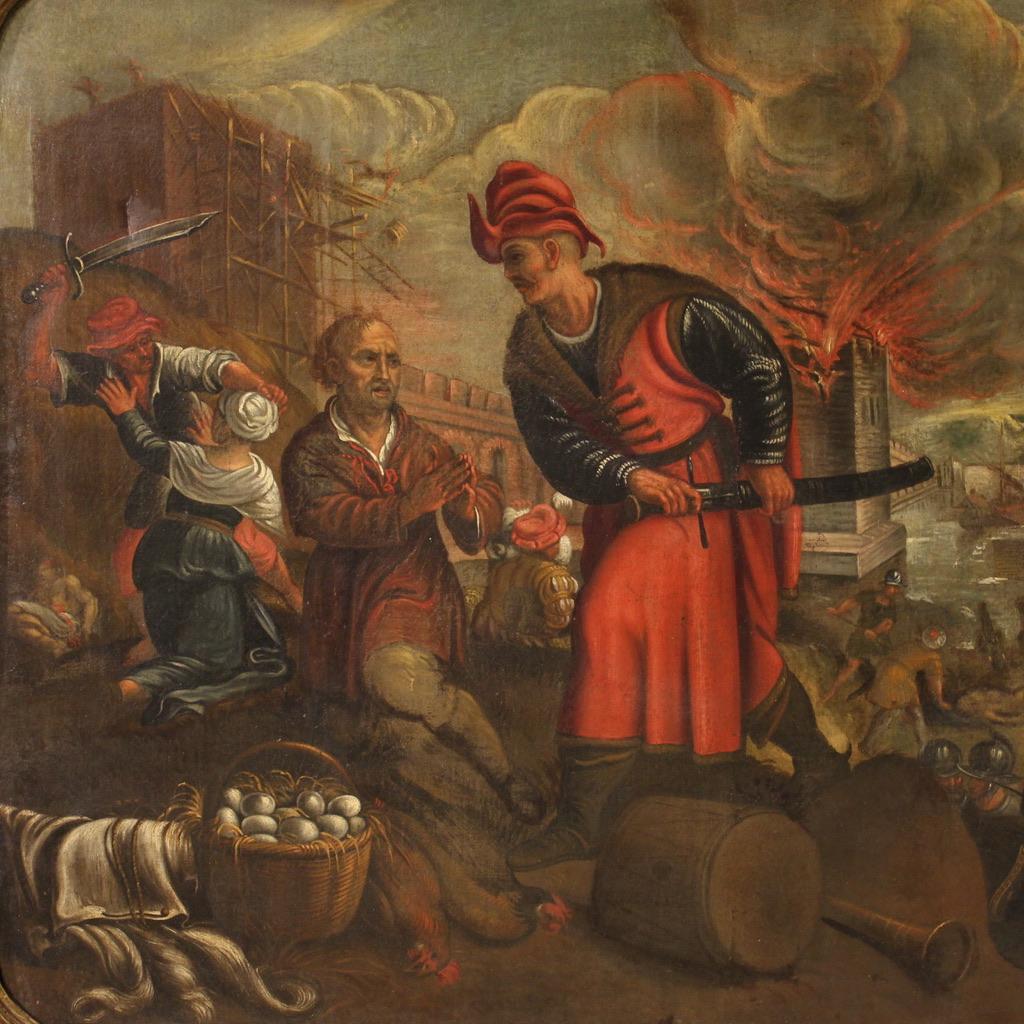 Italian huile sur toile du 17e siècle Peinture ancienne italienne Mise à sac de la ville, 1670 en vente