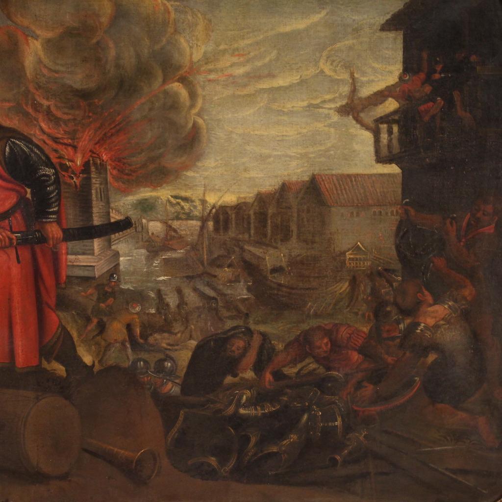 17. Jahrhundert Öl auf Leinwand Italienisches antikes Gemälde Plünderung der Stadt, 1670 (Late 17th Century) im Angebot