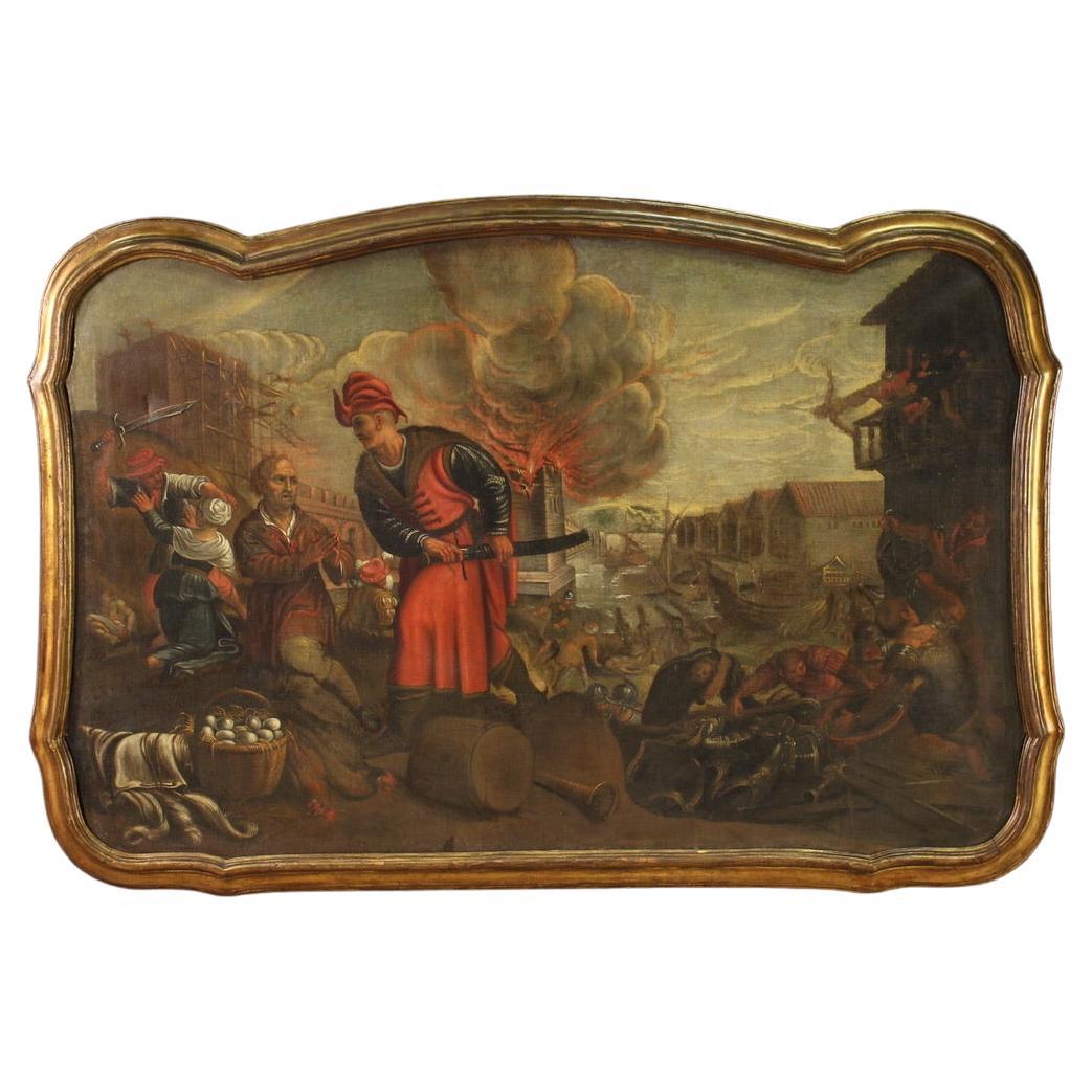 17. Jahrhundert Öl auf Leinwand Italienisches antikes Gemälde Plünderung der Stadt, 1670 im Angebot