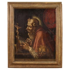 17th Century Oil on Canvas Italian Antique Painting Saint Jerome in His Study