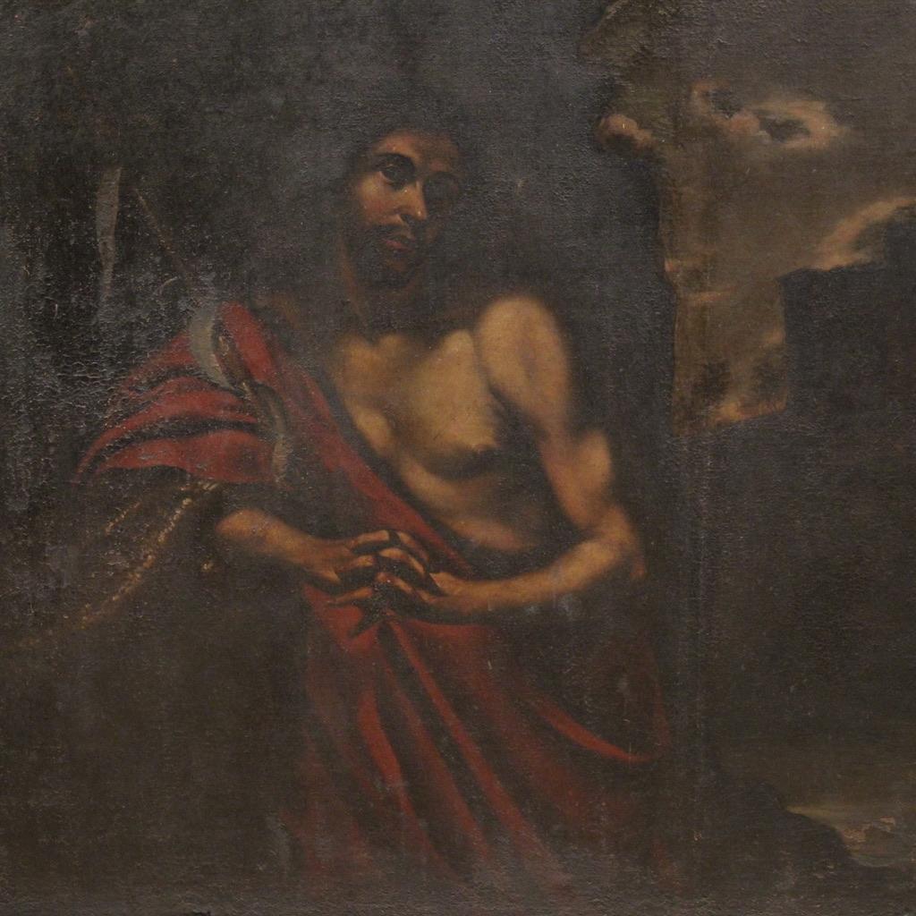 17th Century Oil on Canvas Italian Antique Painting Saint John the Baptist, 1650 In Fair Condition For Sale In Vicoforte, Piedmont