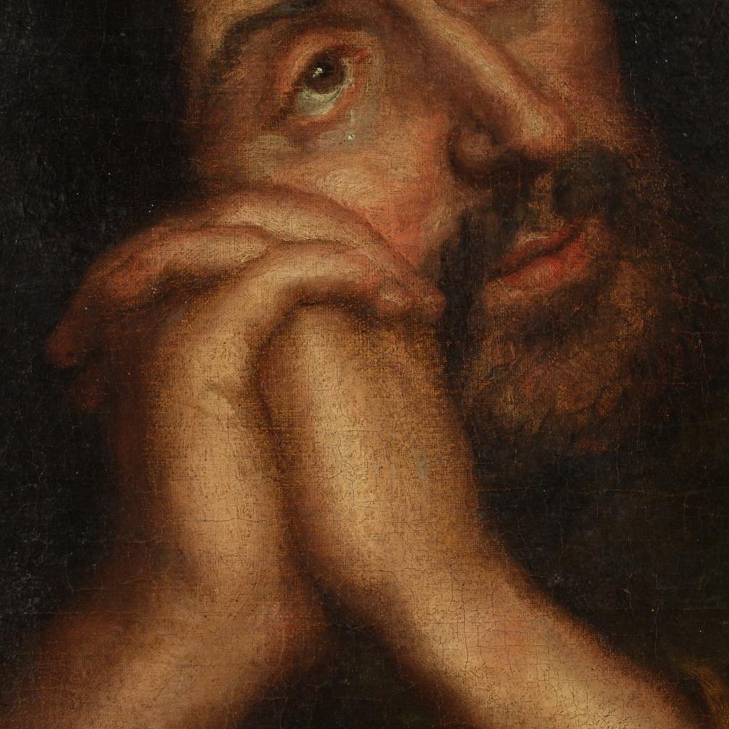 17th Century Oil on Canvas Italian Antique Painting Saint Peter Penitent, 1670 3
