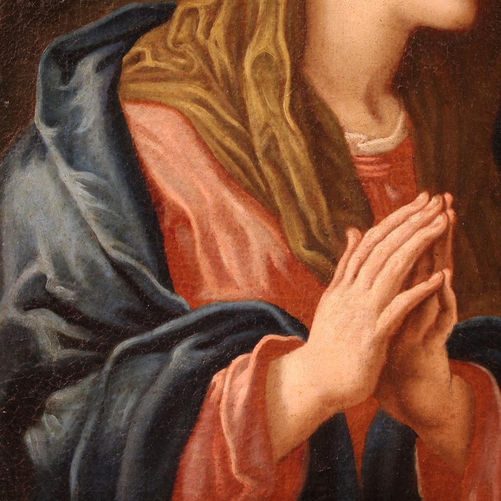 17th Century Oil on Canvas Italian Antique Painting Virgin in Prayer, 1670 en vente 4