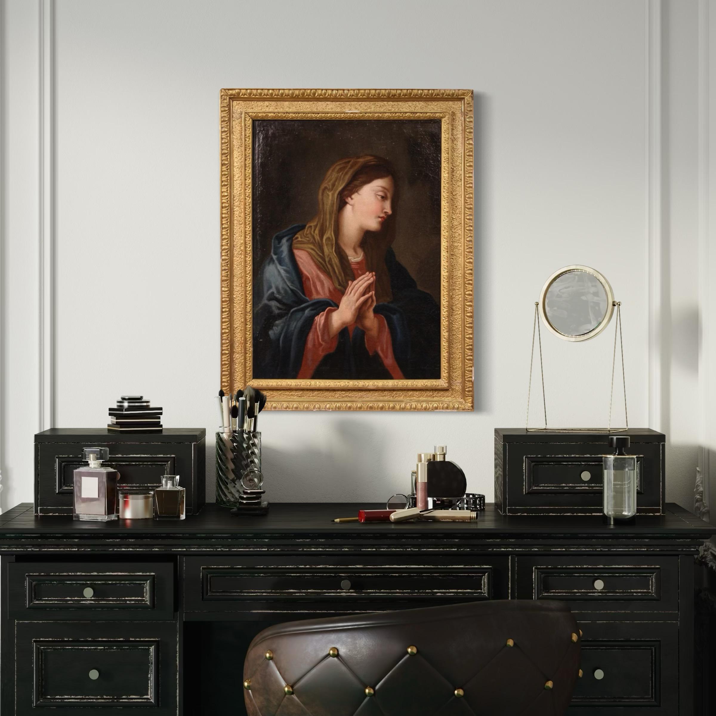 17th Century Oil on Canvas Italian Antique Painting Virgin in Prayer, 1670 en vente 7