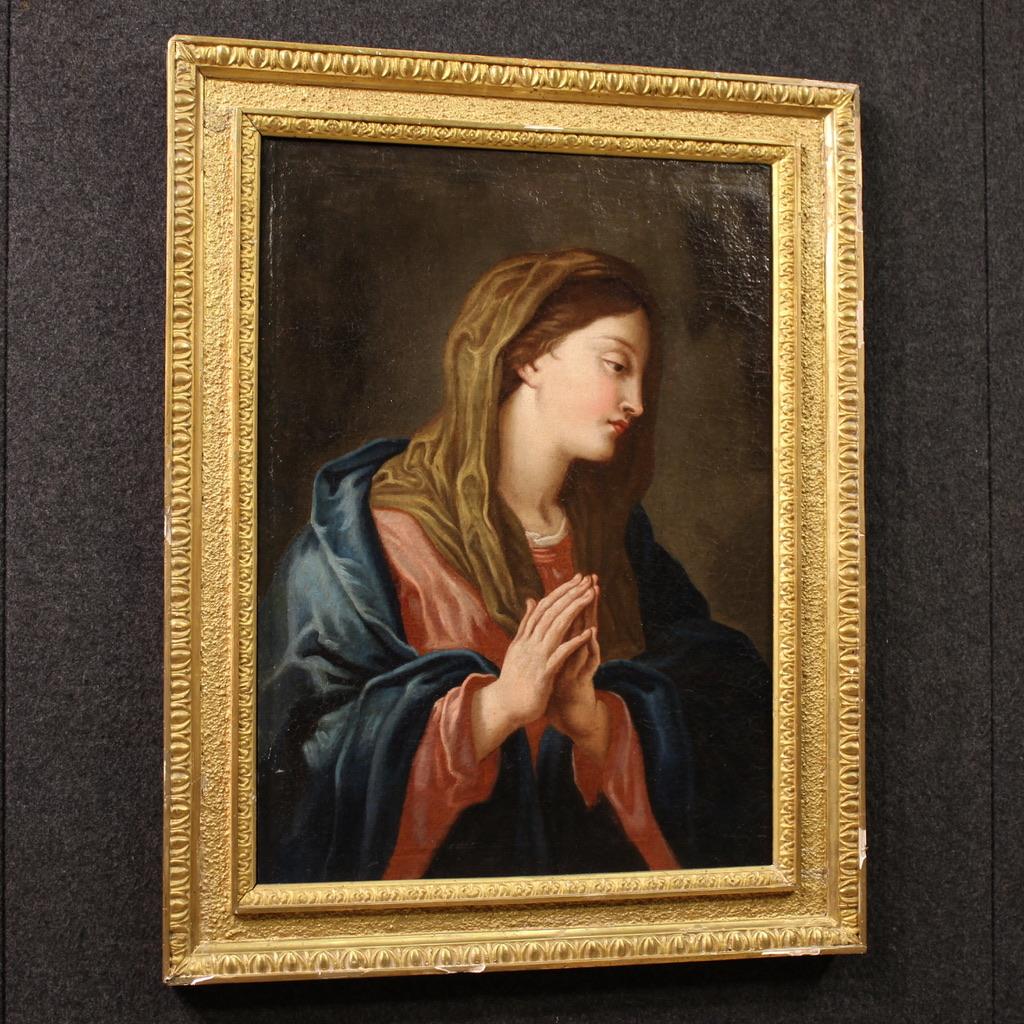 17th Century Oil on Canvas Italian Antique Painting Virgin in Prayer, 1670 en vente 9