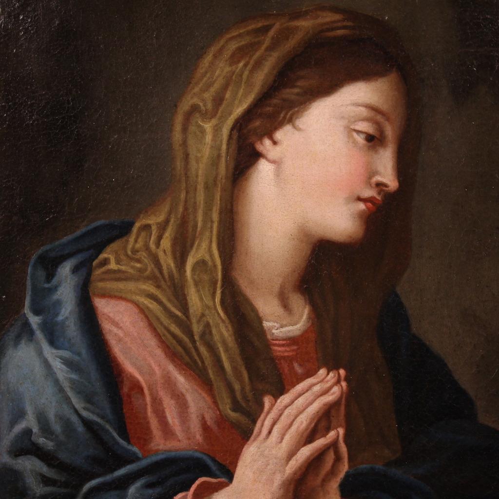 Huilé 17th Century Oil on Canvas Italian Antique Painting Virgin in Prayer, 1670 en vente