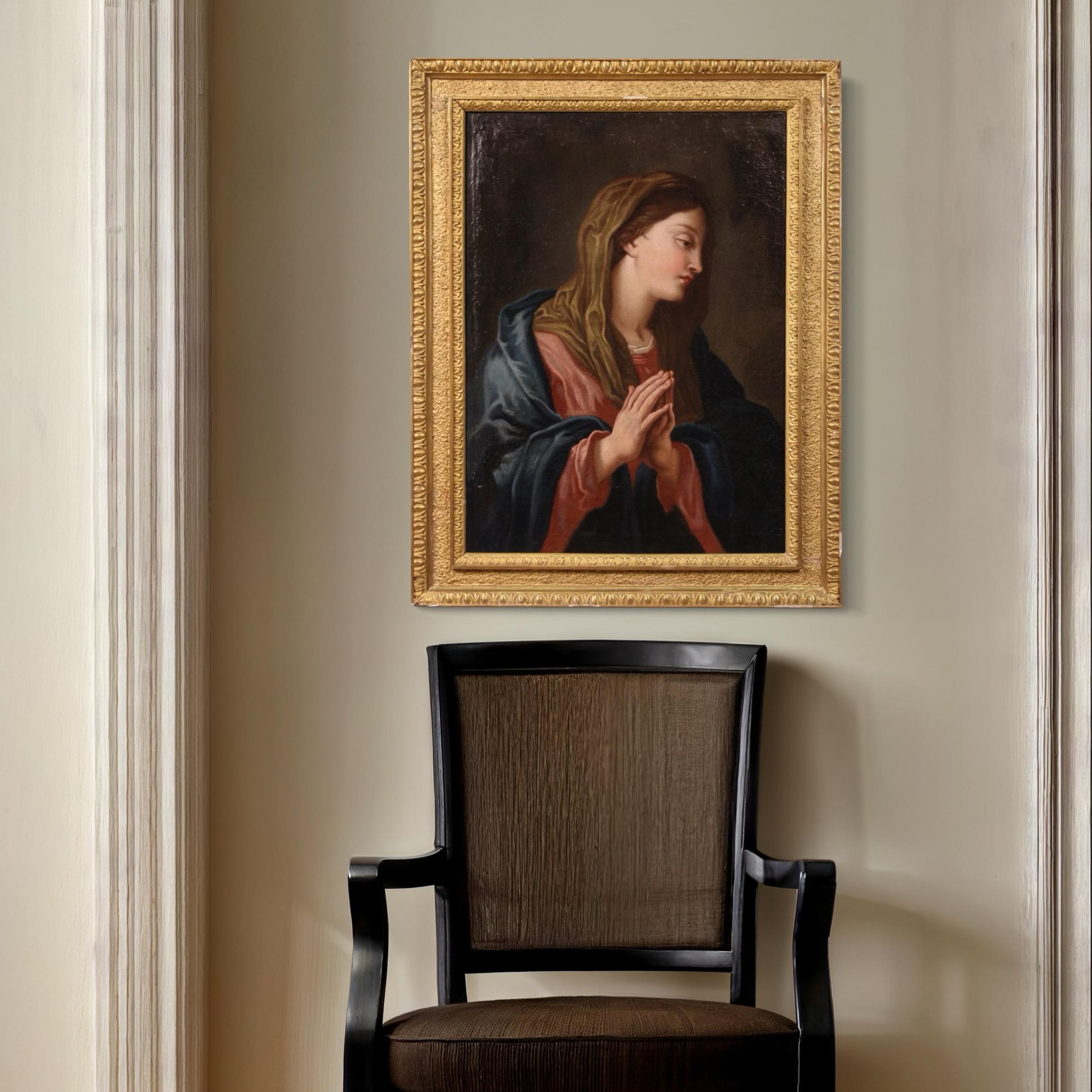 Toile 17th Century Oil on Canvas Italian Antique Painting Virgin in Prayer, 1670 en vente