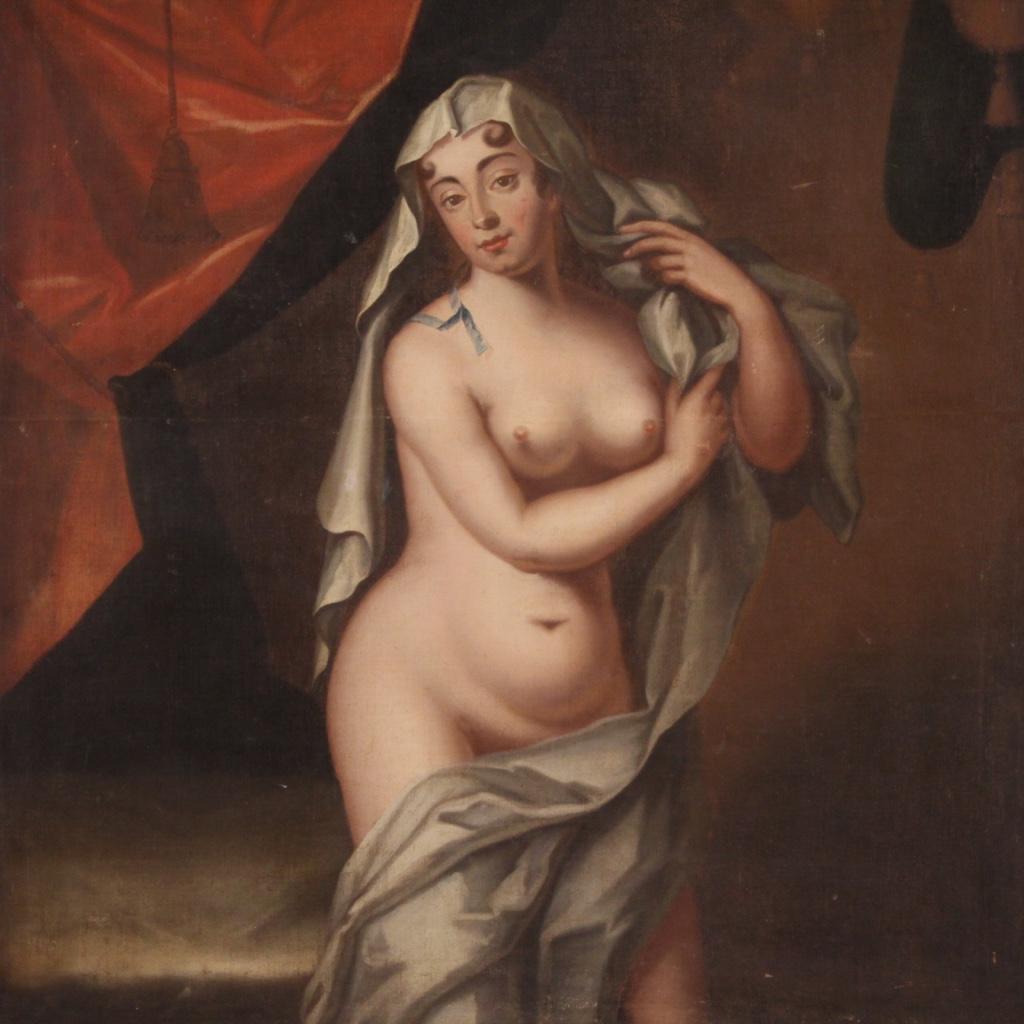 17th Century Oil on Canvas Italian Antique Painting Woman Nude, 1670 1