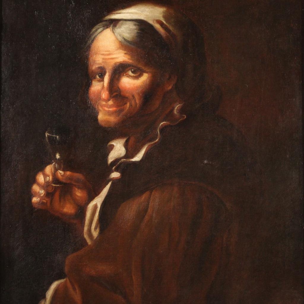 Antigua pintura lombarda / veneciana del siglo XVII. Obra de arte al óleo sobre lienzo que representa un retrato, un personaje grotesco en una taberna con una copa de excelente calidad pictórica. Cuadro de buen tamaño y proporción adornado con un